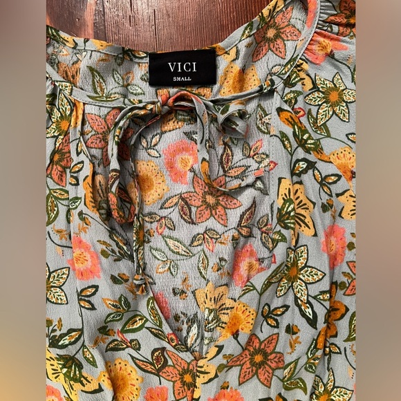 VICI Green Floral Mini Dress Balloon Sleeve Smocked Body Tie at Neckline - Picture 6 of 6